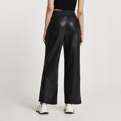 Black faux leather wide leg joggers