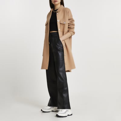 Black faux leather wide leg joggers