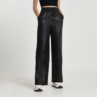 Black faux leather wide leg joggers