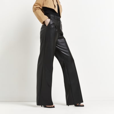 Black faux leather wide leg pleated 