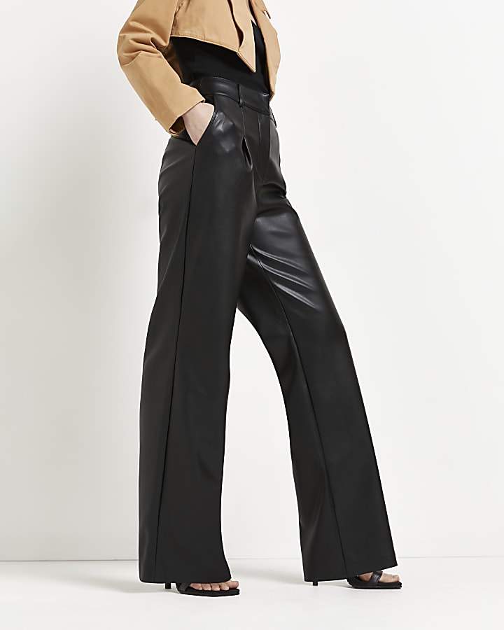 Black faux leather wide leg pleated trousers
