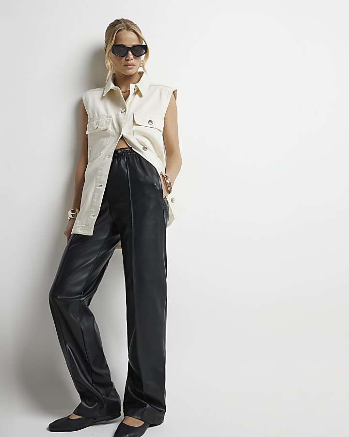 Black faux leather wide leg trousers | River Island