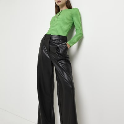 Black faux leather wide leg trousers