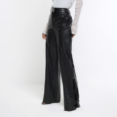 Black faux leather wide leg trousers | River Island