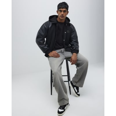 Black Faux Leather Wool Bomber Jacket