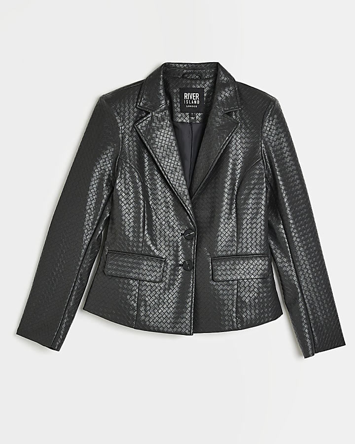 Black faux leather woven blazer