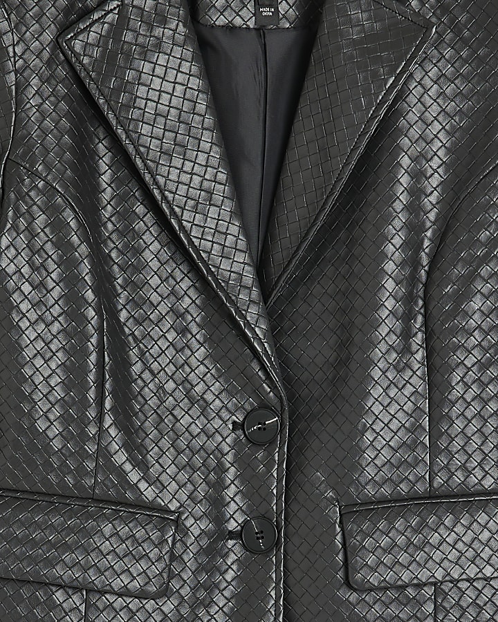 Black faux leather woven blazer