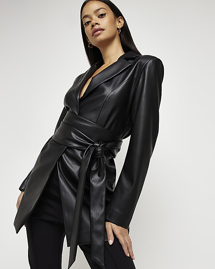 Black faux leather wrap blazer