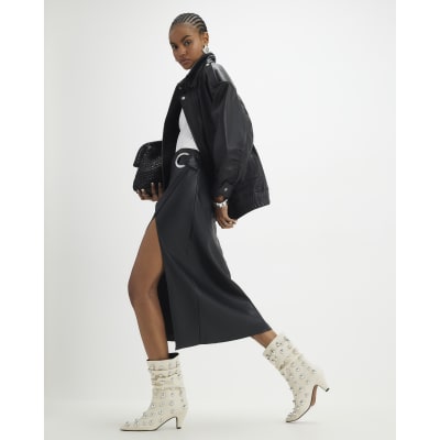 Black Faux Leather Wrap Eyelet Midi Skirt