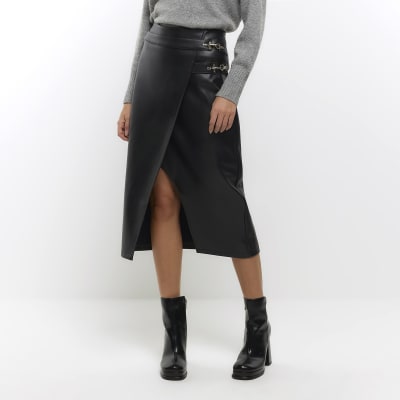 Black faux leather wrap midi skirt