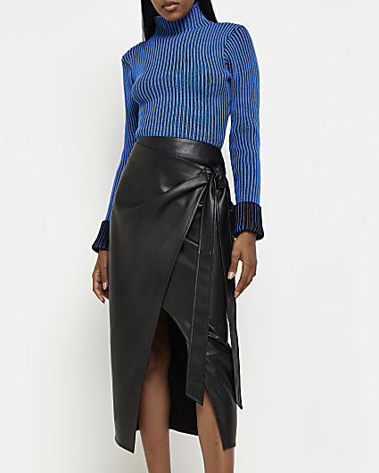 Black faux leather wrap midi skirt