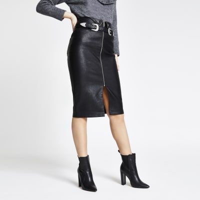 Black faux leather zip belted pencil skirt River Island