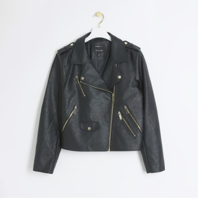 Black faux leather zip biker jacket | River Island