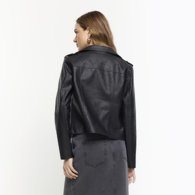 Black faux leather zip biker jacket | River Island