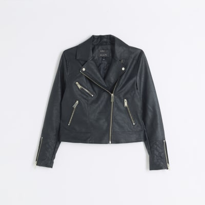 Black Faux Leather Zip Biker Jacket River Island