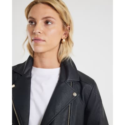 Black Faux Leather Zip Biker Jacket River Island