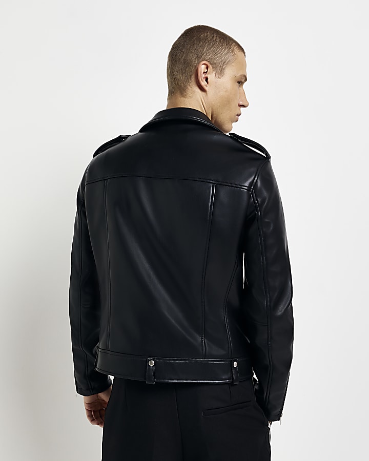 Black faux leather zip up biker jacket