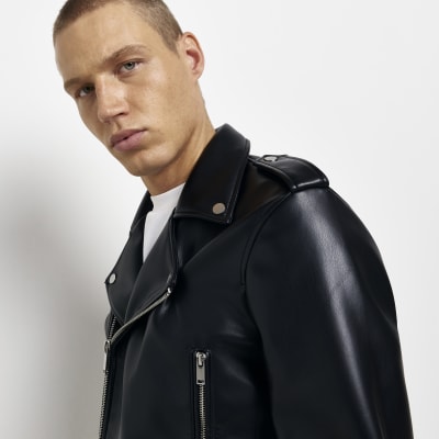 Black faux leather zip up biker jacket | River Island