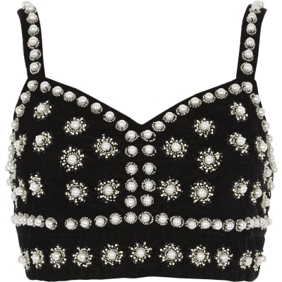 Black faux pearl embellished bralet