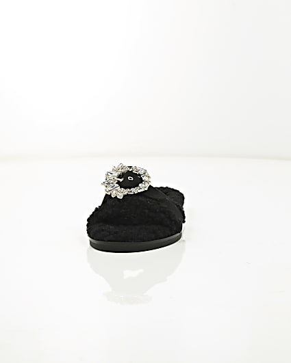 360 degree animation of product Black faux shearling diamante brooch sliders frame-3