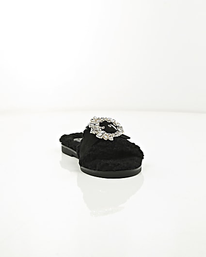 360 degree animation of product Black faux shearling diamante brooch sliders frame-5