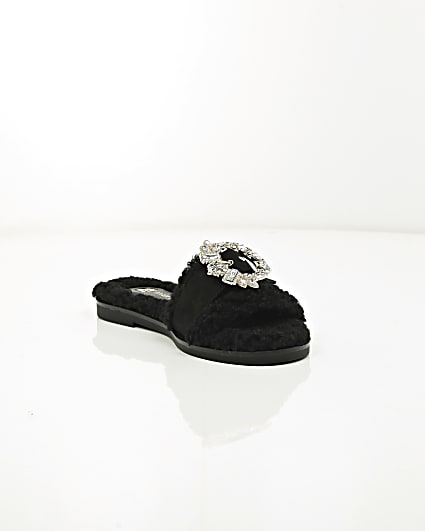 360 degree animation of product Black faux shearling diamante brooch sliders frame-6