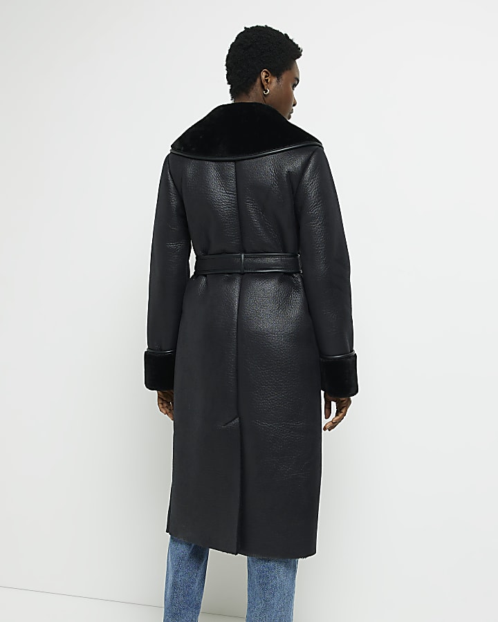 Black faux shearling longline coat