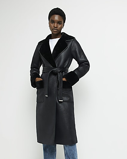Black faux shearling longline coat