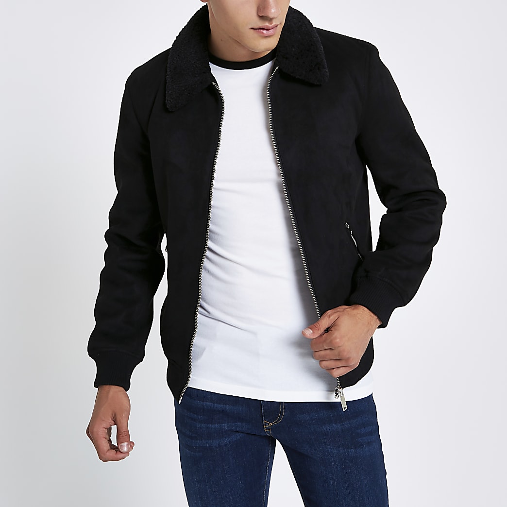 Black faux suede borg collar jacket | River Island