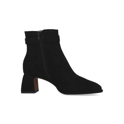 360 degree animation of product Black faux suede buckle ankle boots frame-16