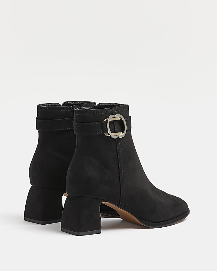 Black faux suede buckle ankle boots