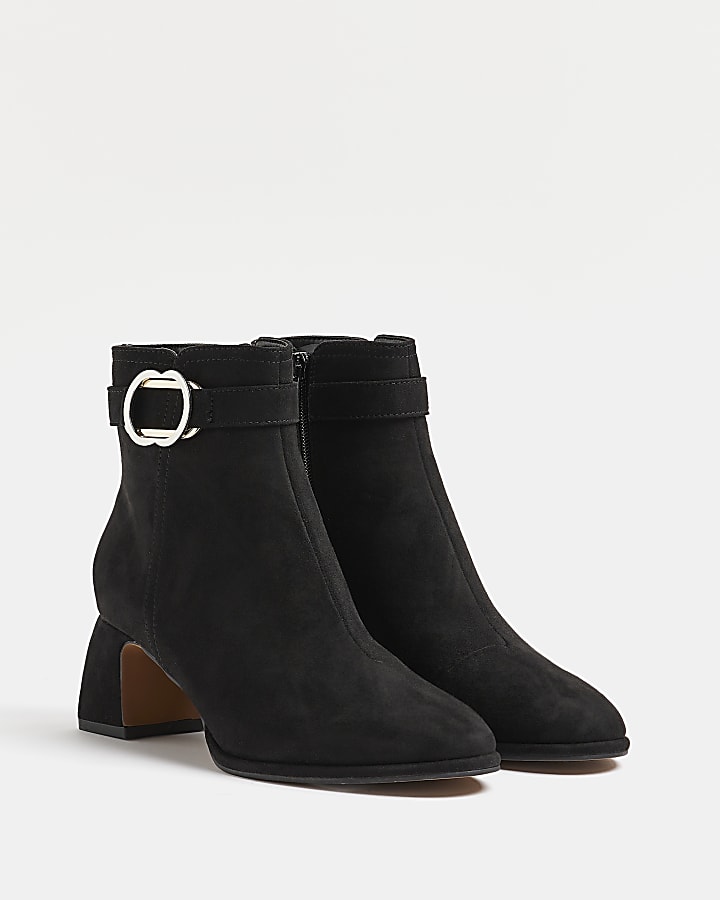 Black faux suede buckle ankle boots