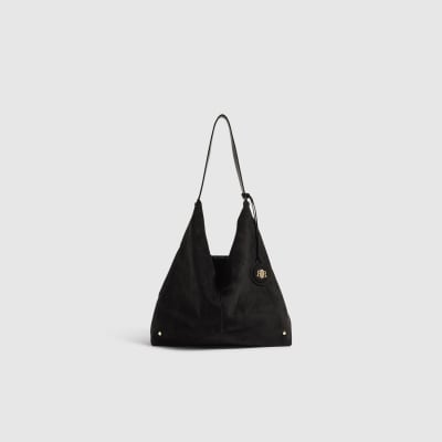 Black Faux Suede Charm Slouch Bag