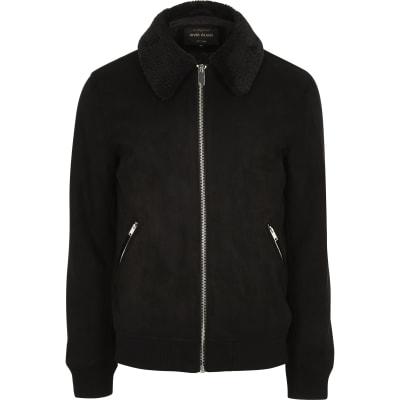 Black faux suede faux fur collar jacket