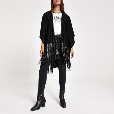 Black faux suede fringe cape