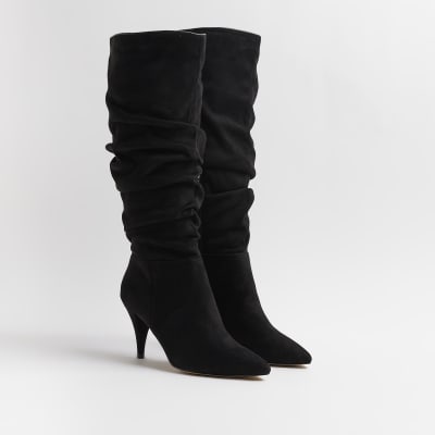 Black faux suede knee high heeled boots Rollover