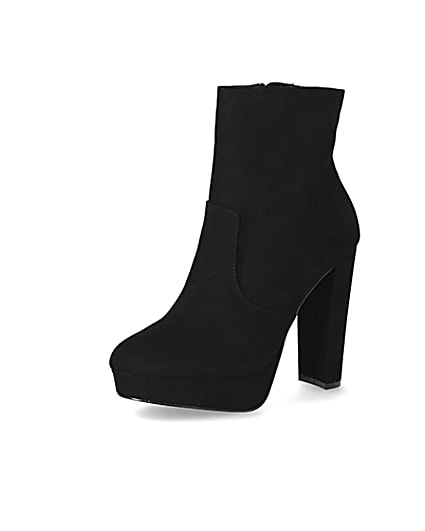 360 degree animation of product Black faux suede platform heeled boots frame-1