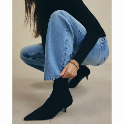 Black Faux Suede Pointed Toe Sock Boots