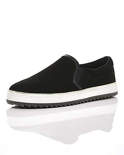 360 degree animation of product Black faux suede slip on trainers frame-0