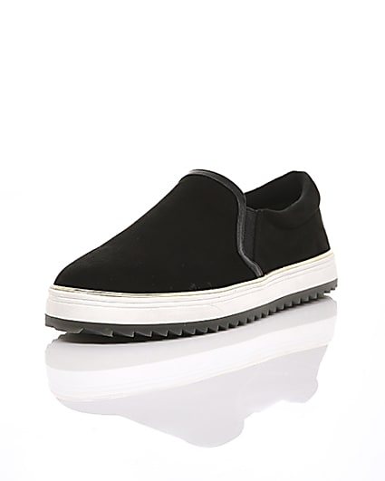 360 degree animation of product Black faux suede slip on trainers frame-1