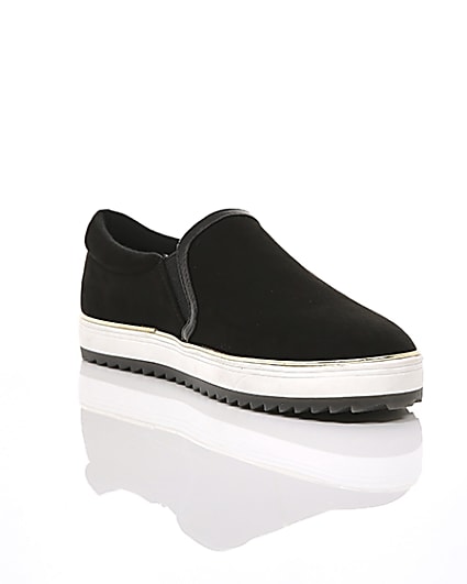 360 degree animation of product Black faux suede slip on trainers frame-6