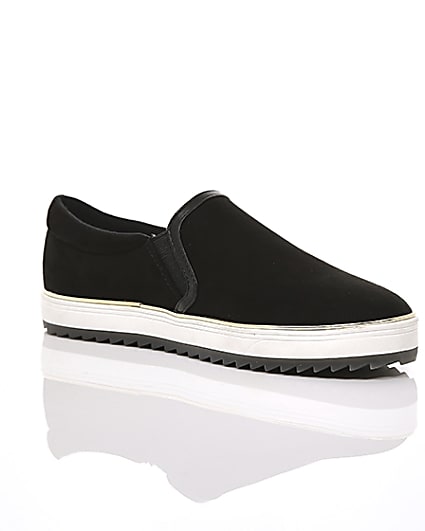 360 degree animation of product Black faux suede slip on trainers frame-7