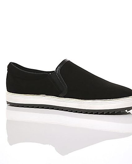 360 degree animation of product Black faux suede slip on trainers frame-8