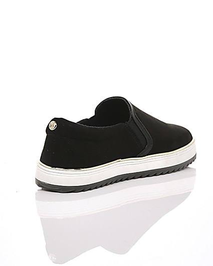 360 degree animation of product Black faux suede slip on trainers frame-13