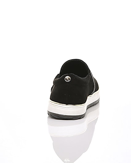 360 degree animation of product Black faux suede slip on trainers frame-15