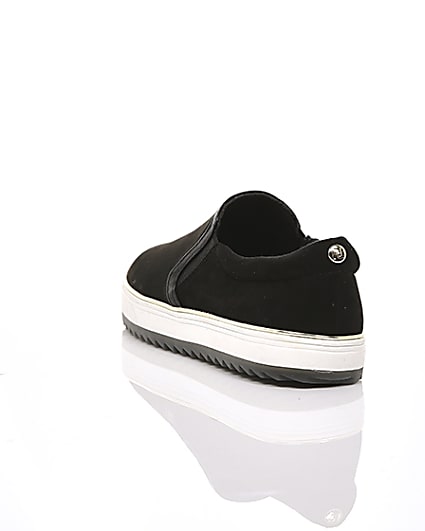 360 degree animation of product Black faux suede slip on trainers frame-17