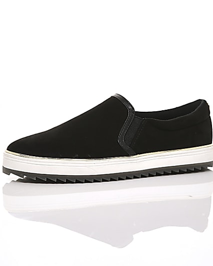 360 degree animation of product Black faux suede slip on trainers frame-23
