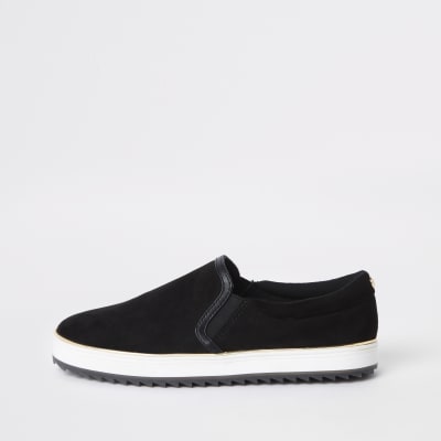 Black faux suede slip on trainers