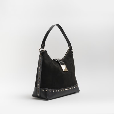 Black faux suede slouch handbag River Island