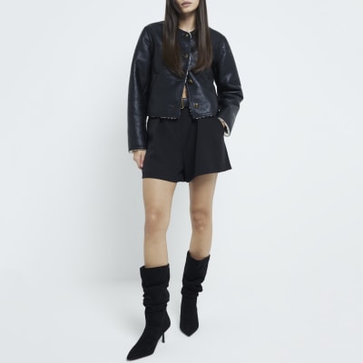 Black Faux Suede Slouch High Leg Heeled Boots